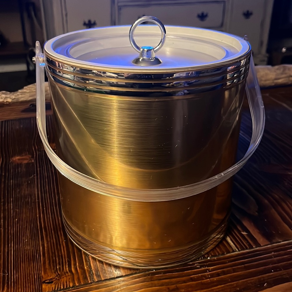 Vintage Ice Bucket, gold ice bucket with chrome and clear handle